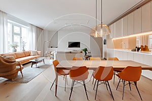 Cozy serene studio apartment with orange sofa. Scandinavian style interior design of modern living room. Created with generative