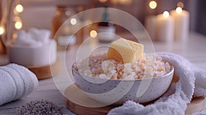 Cozy Interior with Bath Salts and Sponge in Decorative Dish