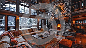 Cozy ski lodge living room with a stone fireplace and comfortable seating