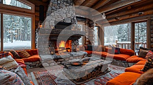 Cozy ski lodge living room with a stone fireplace and comfortable seating