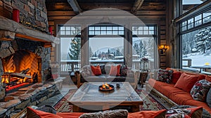 Cozy ski lodge living room with a stone fireplace and comfortable seating