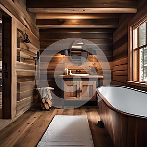 A cozy ski lodge-style bathroom with a clawfoot tub and rustic wooden accents2