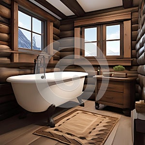 A cozy ski lodge-style bathroom with a clawfoot tub and rustic wooden accents3