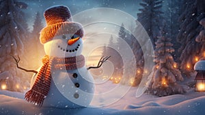 Cozy Snow Companion: Cute Snowman in Winter Wonderland. Generative AI