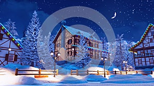 Cozy snow covered mountain village at winter night