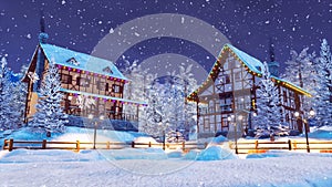 Cozy snow covered village at snowfall winter night