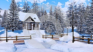 Cozy snowbound alpine mountain house at winter day