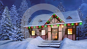 Cozy snowbound house decorated for Christmas night