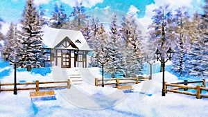Cozy snowbound house at winter day in watercolor