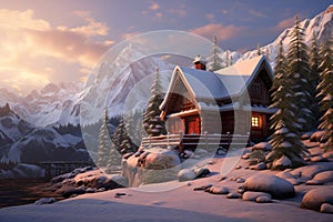 Cozy snowcapped cabin in mountains valley during sunny morning. Generative AI