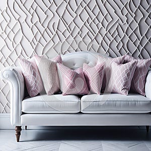 Cozy Sofa On Classic Victorian Pattern Wallpaper Wall, Living Room, Soft Window Light, Side Table with Metal texture Generative AI