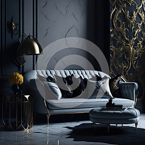 Cozy Sofa On Classic Victorian Pattern Wallpaper Wall, Living Room, Soft Window Light, Side Table with Metal texture Generative AI