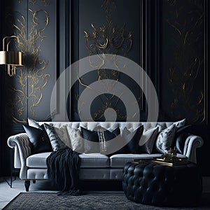 Cozy Sofa On Classic Victorian Pattern Wallpaper Wall, Living Room, Soft Window Light, Side Table with Metal texture Generative AI