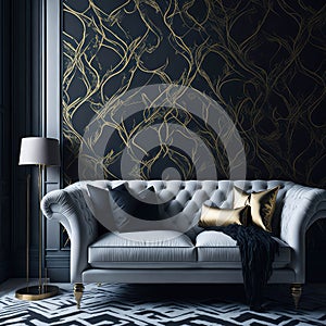 Cozy Sofa On Classic Victorian Pattern Wallpaper Wall, Living Room, Soft Window Light, Side Table with Metal texture Generative AI