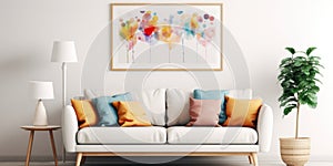 Cozy sofa with colorful cushions near white wall with art poster. Interior design of Scandinavian living room