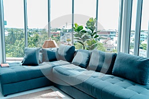 Cozy sofa furniture in living room interior design decorate with clean design space clock, cactus and comfort pillow trendy decor