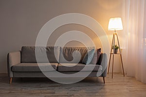 Cozy sofa, glowing lamp and plant in evening on gray wall background or living room, nobody
