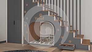 Cozy space devoted to pets in gray and wooden tones, dog room interior design, concept idea. Wooden staircase decorated with