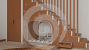 Cozy space devoted to pets in orange and wooden tones, dog room interior design, concept idea. Wooden staircase decorated with