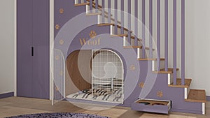 Cozy space devoted to pets in purple and wooden tones, dog room interior design, concept idea. Wooden staircase decorated with