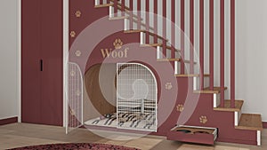 Cozy space devoted to pets in red and wooden tones, dog room interior design, concept idea. Wooden staircase decorated with prints