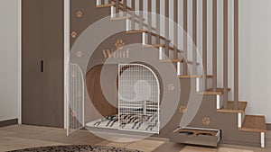 Cozy space devoted to pets in taupe and wooden tones, dog room interior design, concept idea. Wooden staircase decorated with
