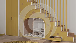 Cozy space devoted to pets in yellow and wooden tones, dog room interior design, concept idea. Wooden staircase decorated with