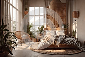 Cozy spacious bedroom in light muted colors with light wood furniture, live plants and oriental style interior elements