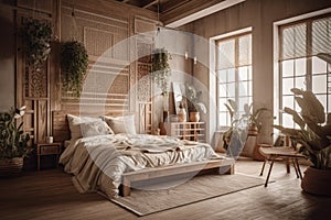 Cozy spacious bedroom in light muted colors with light wood furniture, live plants and oriental style interior elements