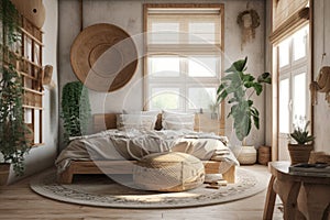 Cozy spacious bedroom in light muted colors with light wood furniture, wicker lampshades, live plants and oriental decor