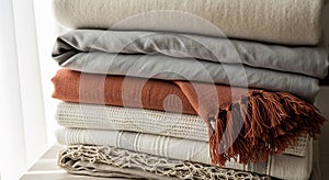 Cozy Stack of Textured Blankets and Throws in Earthy Tones