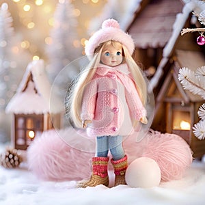 Cozy still life in delicate pink with charming Christmas doll girl, lantern and balls of yarn next to the white Christmas tree