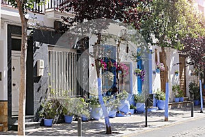Cozy street, white houses with blue trim and flower pots at the entrance to the house in Lanjaron Spain photo