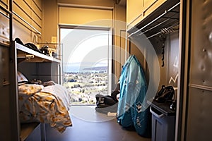 Cozy student dorm room with work space, comfortable bed and trendy decor.