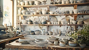 A cozy studio with shelves of unique handmade pottery pieces serves as the backdrop for a pottery making session photo