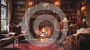 A cozy study is lined with rich oakpaneled walls and a traditional fireplace in a distressed finish. The intricate photo