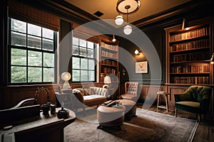 cozy study room with warm lighting, cozy armchairs, and reading material