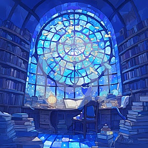 Cozy Study Scene with Stained Glass Window