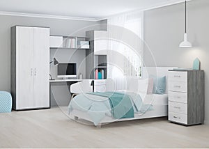 Cozy stylish bedroom designed for a teenager. Bright interior with bright accents.