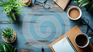 Stylish Desk Setup with Coffee Plants and Writing Essentials photo