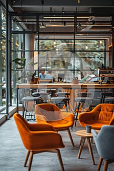 Cozy and stylish modern office interior with vibrant orange armchairs and natural light