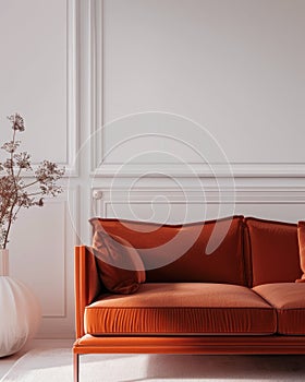 Elegant terracotta velvet sofa in a minimalist interior with wainscoting photo