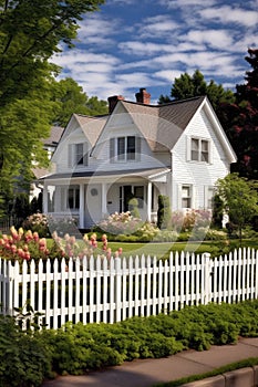 cozy suburban home with white picket fence