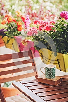 Cozy summer balcony with many potted plants