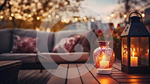 cozy summer cottage with terrace in garden ,evening blurred lantern candle light, soft sofa ,cozy atmosfear on evening