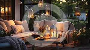 cozy summer cottage with terrace in garden ,evening blurred lantern candle light, soft sofa ,cozy atmosfear on evening