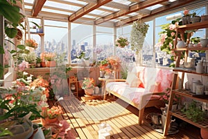 A cozy sun-drenched urban greenhouse with thriving plants and a city skyline view