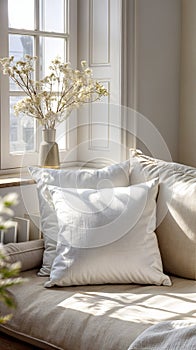 Cozy sunlit corner with cushions and vase