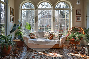 Cozy sunroom with panoramic windows in a Russian home