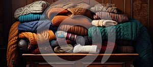 Cozy sweaters and socks stacked neatly on a dresser made of warm wood